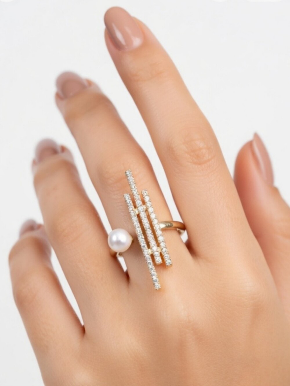 Fresh Water Pearl & Rhinestone Bar Open Ring A3